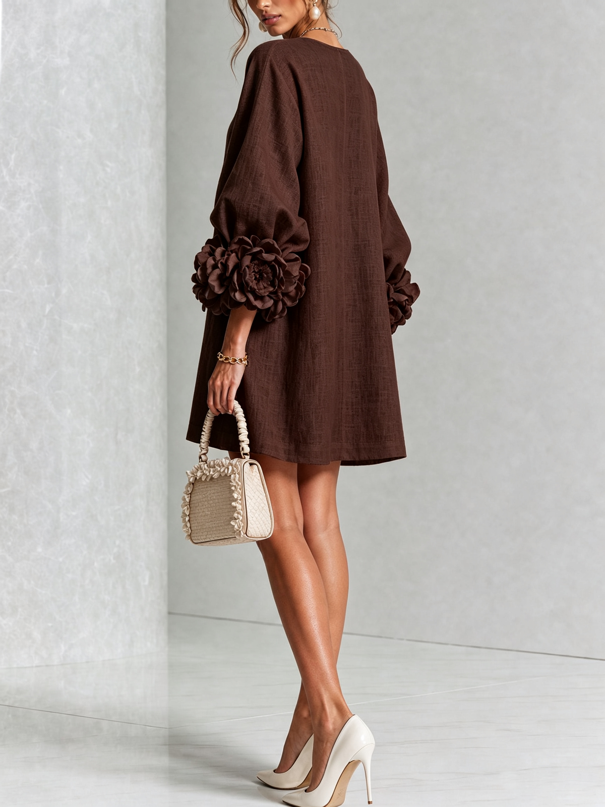 Women's Mini Dress | Round Neckline Puff Sleeve Button Front Linen