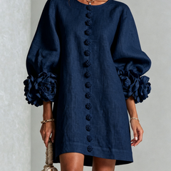 Women's Mini Dress | Round Neckline Puff Sleeve Button Front Linen