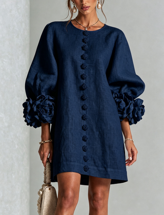 Women's Mini Dress | Round Neckline Puff Sleeve Button Front Linen