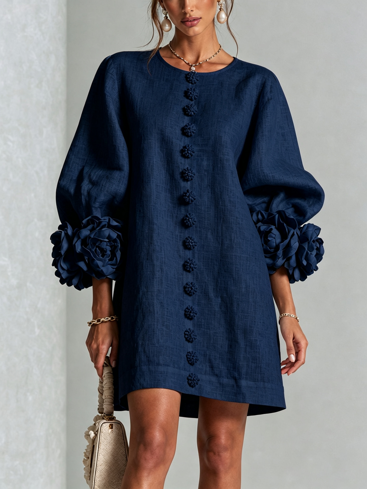 Women's Mini Dress | Round Neckline Puff Sleeve Button Front Linen