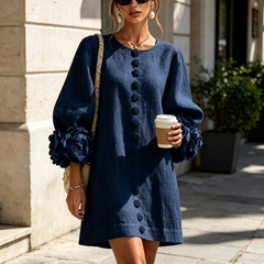 Women's Mini Dress | Round Neckline Puff Sleeve Button Front Linen