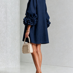 Women's Mini Dress | Round Neckline Puff Sleeve Button Front Linen