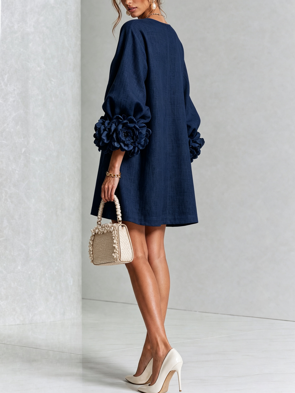 Women's Mini Dress | Round Neckline Puff Sleeve Linen
