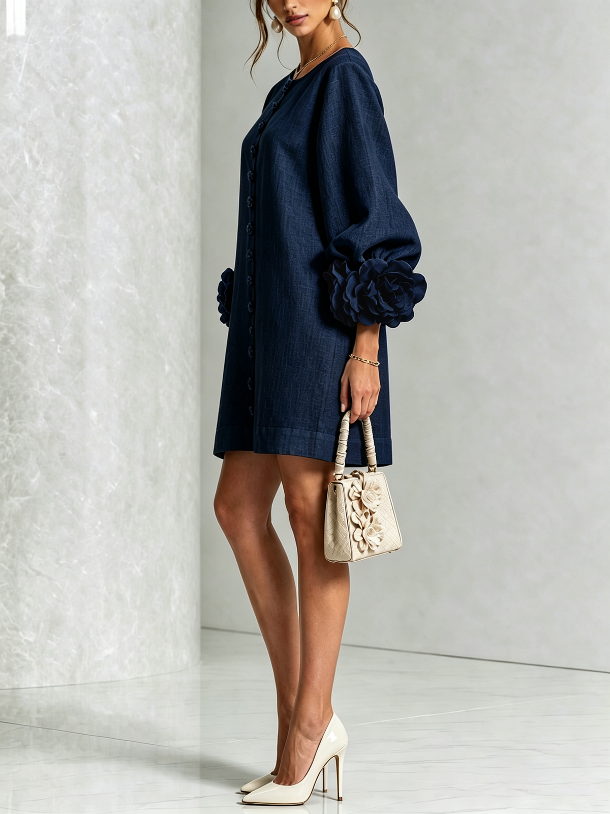 Women's Mini Dress | Round Neckline Puff Sleeve Linen