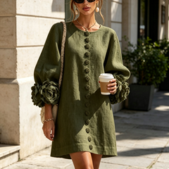 Women's Mini Dress | Round Neckline Puff Sleeve Button Front Linen