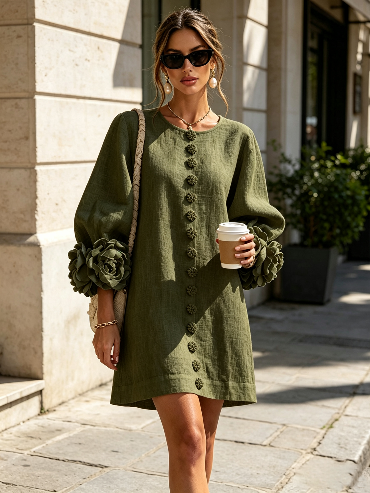 Women's Mini Dress | Round Neckline Puff Sleeve Button Front Linen