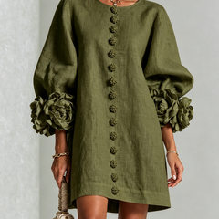 Women's Mini Dress | Round Neckline Puff Sleeve Button Front Linen