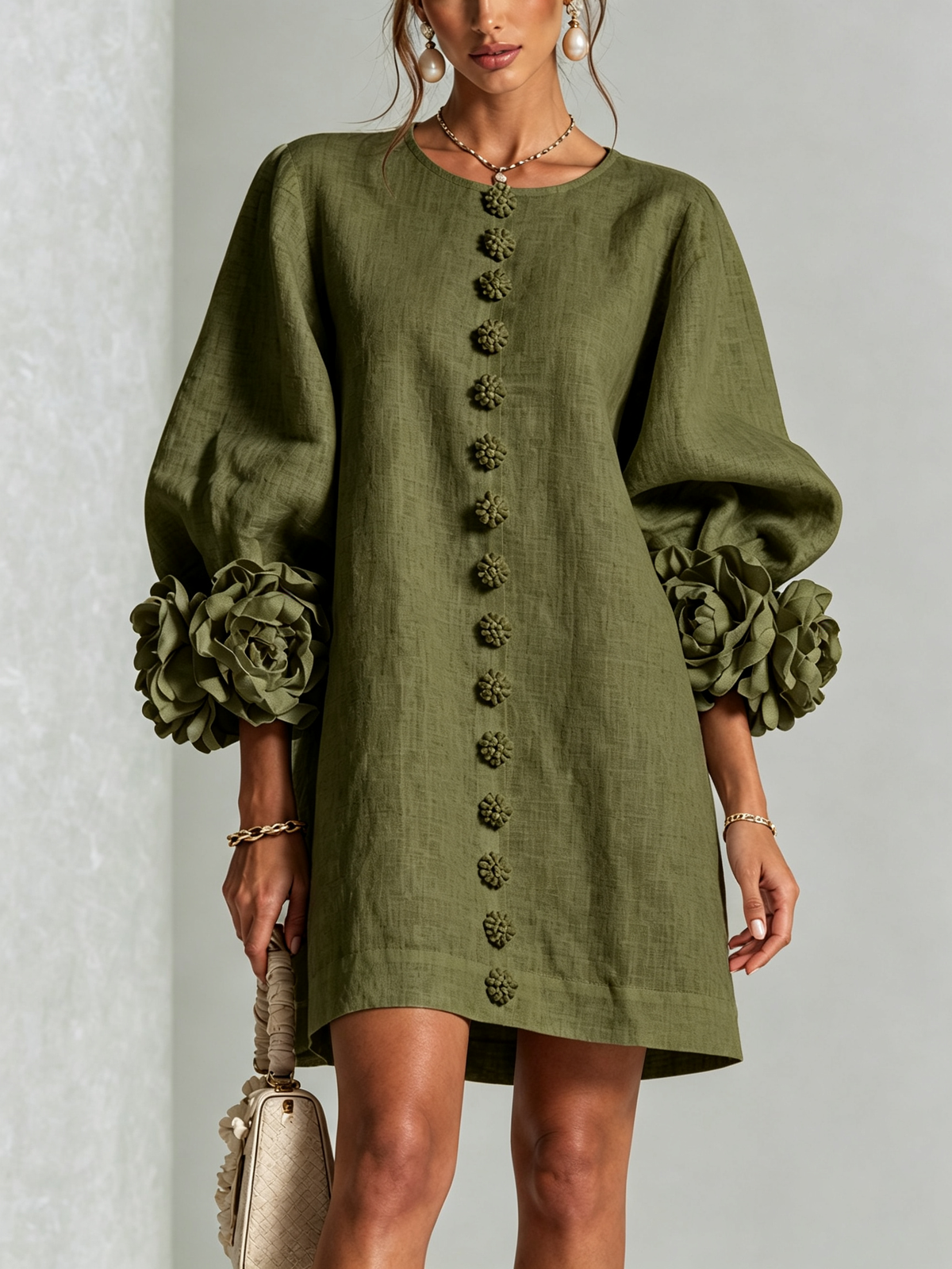 Women's Mini Dress | Round Neckline Puff Sleeve Button Front Linen
