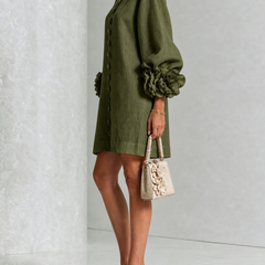Women's Mini Dress | Round Neckline Puff Sleeve Button Front Linen
