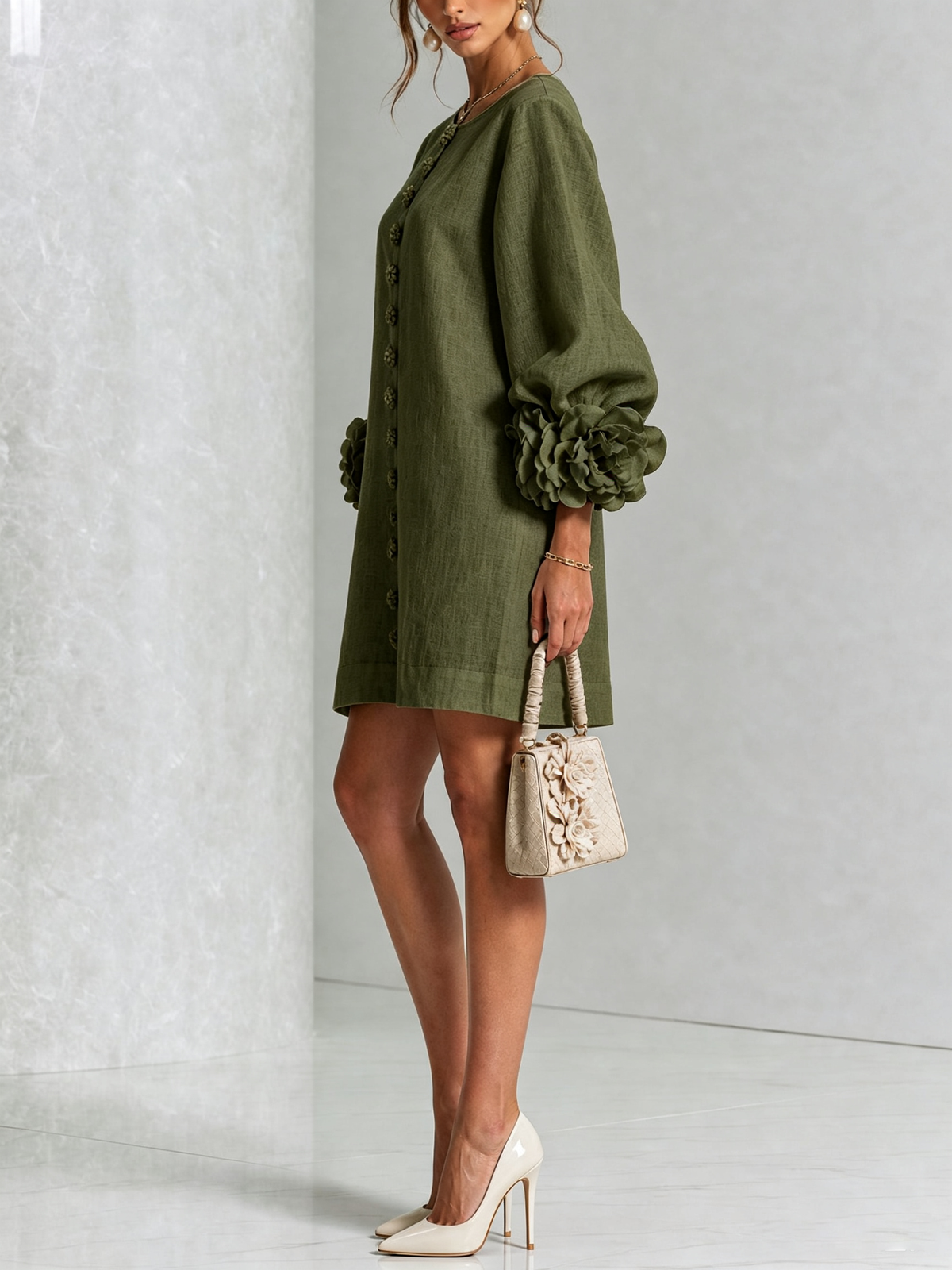 Women's Mini Dress | Round Neckline Puff Sleeve Linen