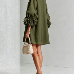 Women's Mini Dress | Round Neckline Puff Sleeve Button Front Linen