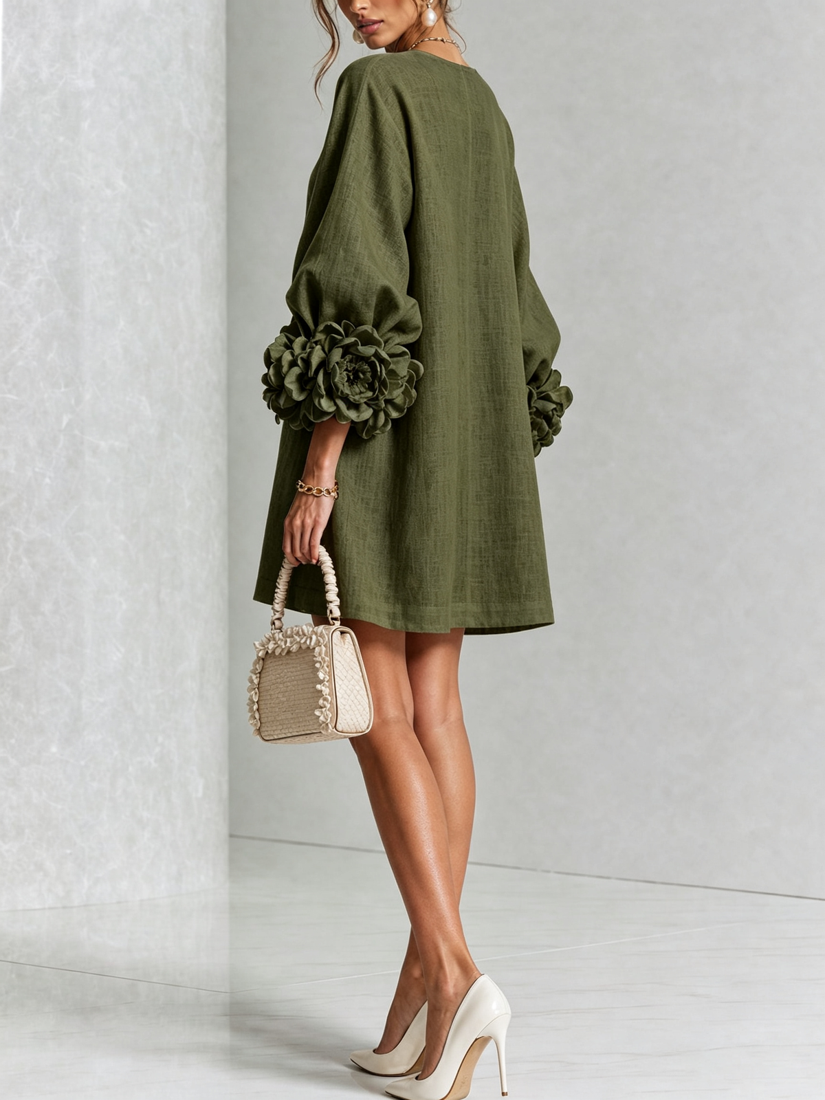 Women's Mini Dress | Round Neckline Puff Sleeve Button Front Linen