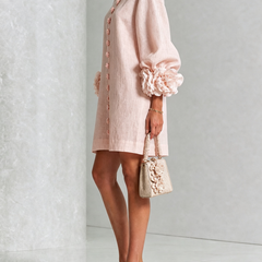 Women's Mini Dress | Round Neckline Puff Sleeve Button Front Linen