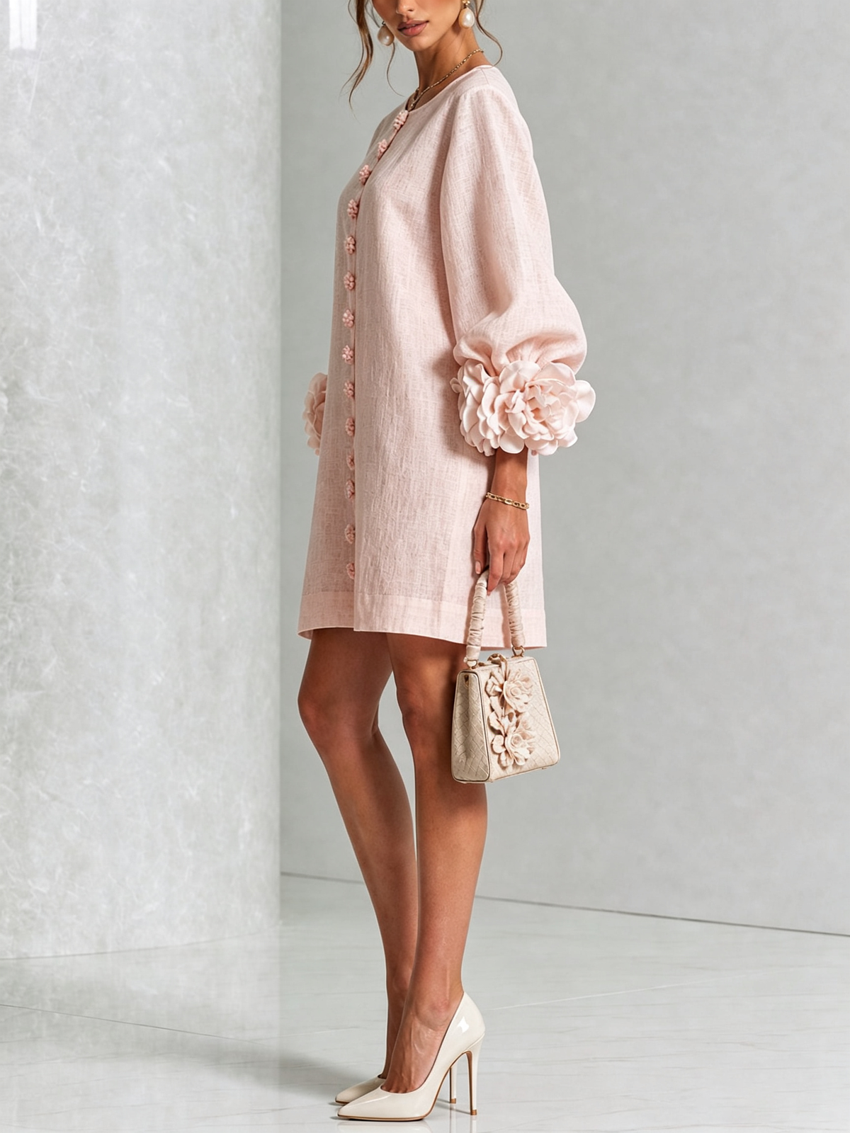 Women's Mini Dress | Round Neckline Puff Sleeve Linen