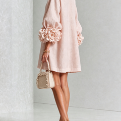 Women's Mini Dress | Round Neckline Puff Sleeve Button Front Linen