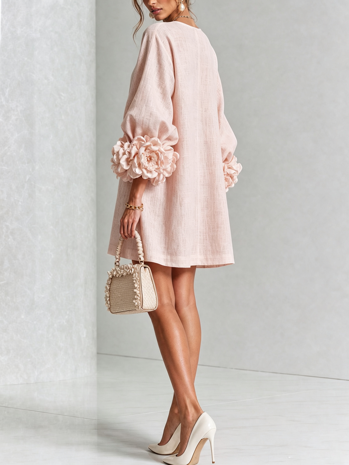 Women's Mini Dress | Round Neckline Puff Sleeve Button Front Linen