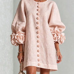 Women's Mini Dress | Round Neckline Puff Sleeve Button Front Linen