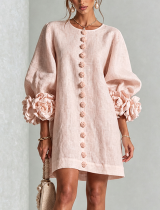 Women's Mini Dress | Round Neckline Puff Sleeve Button Front Linen