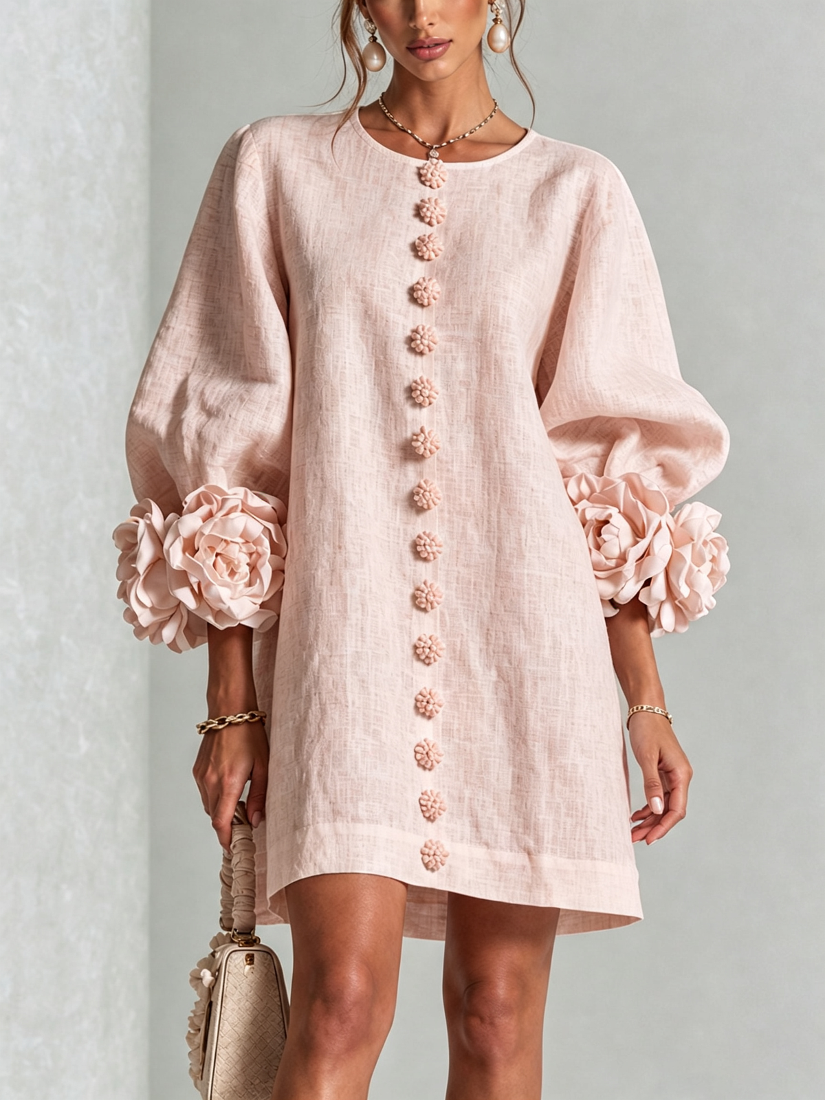 Women's Mini Dress | Round Neckline Puff Sleeve Linen