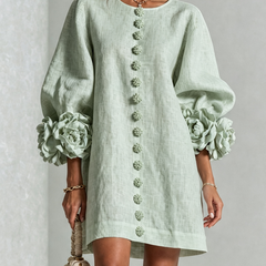 Women's Mini Dress | Round Neckline Puff Sleeve Button Front Linen
