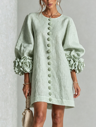 Women's Mini Dress | Round Neckline Puff Sleeve Button Front Linen