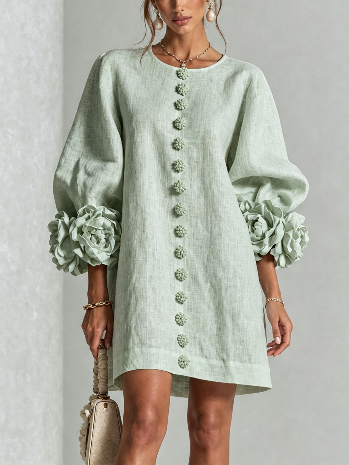 Women's Mini Dress | Round Neckline Puff Sleeve Linen