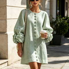 Women's Mini Dress | Round Neckline Puff Sleeve Button Front Linen