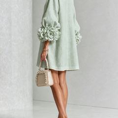 Women's Mini Dress | Round Neckline Puff Sleeve Button Front Linen