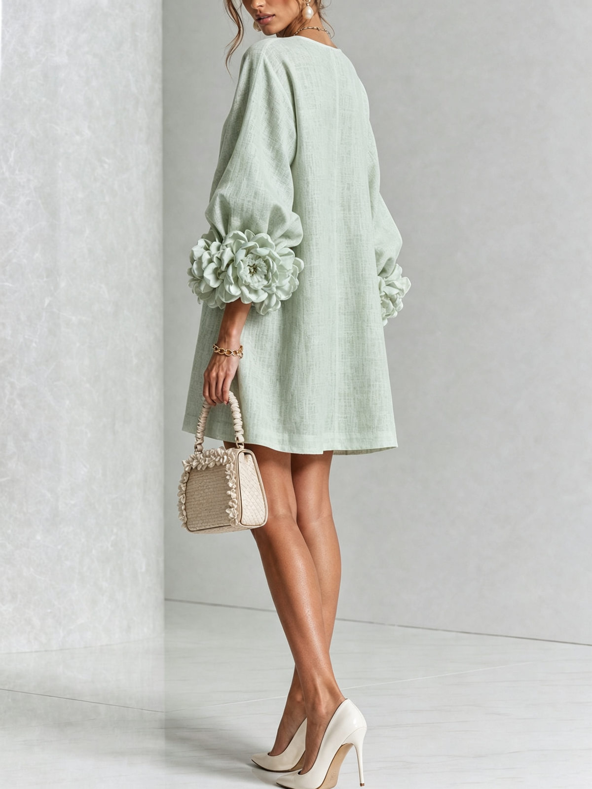 Women's Mini Dress | Round Neckline Puff Sleeve Linen