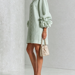 Women's Mini Dress | Round Neckline Puff Sleeve Button Front Linen