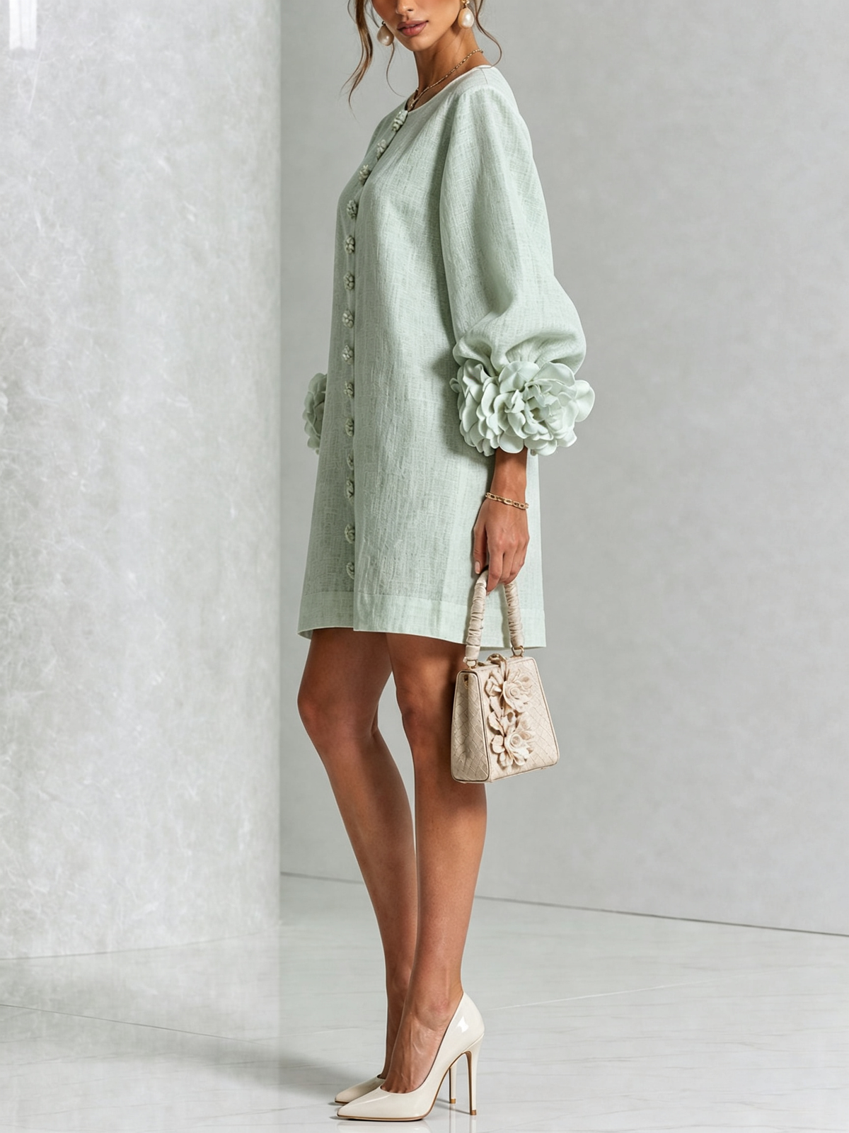 Women's Mini Dress | Round Neckline Puff Sleeve Linen
