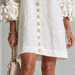 Women's Mini Dress | Round Neckline Puff Sleeve Button Front Linen