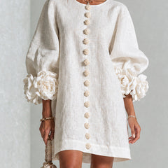 Women's Mini Dress | Round Neckline Puff Sleeve Button Front Linen