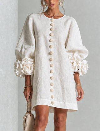 Women's Mini Dress | Round Neckline Puff Sleeve Button Front Linen