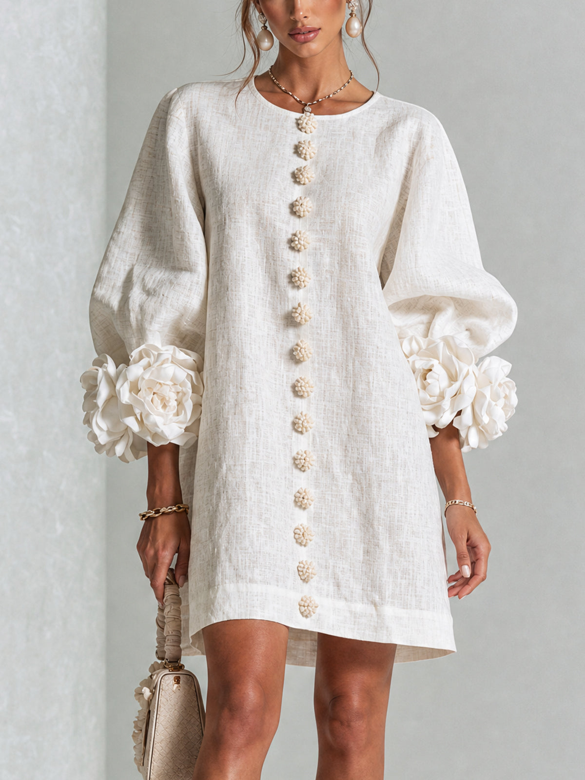 Women's Mini Dress | Round Neckline Puff Sleeve Linen