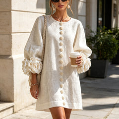 Women's Mini Dress | Round Neckline Puff Sleeve Button Front Linen