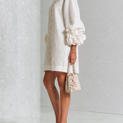 Women's Mini Dress | Round Neckline Puff Sleeve Button Front Linen