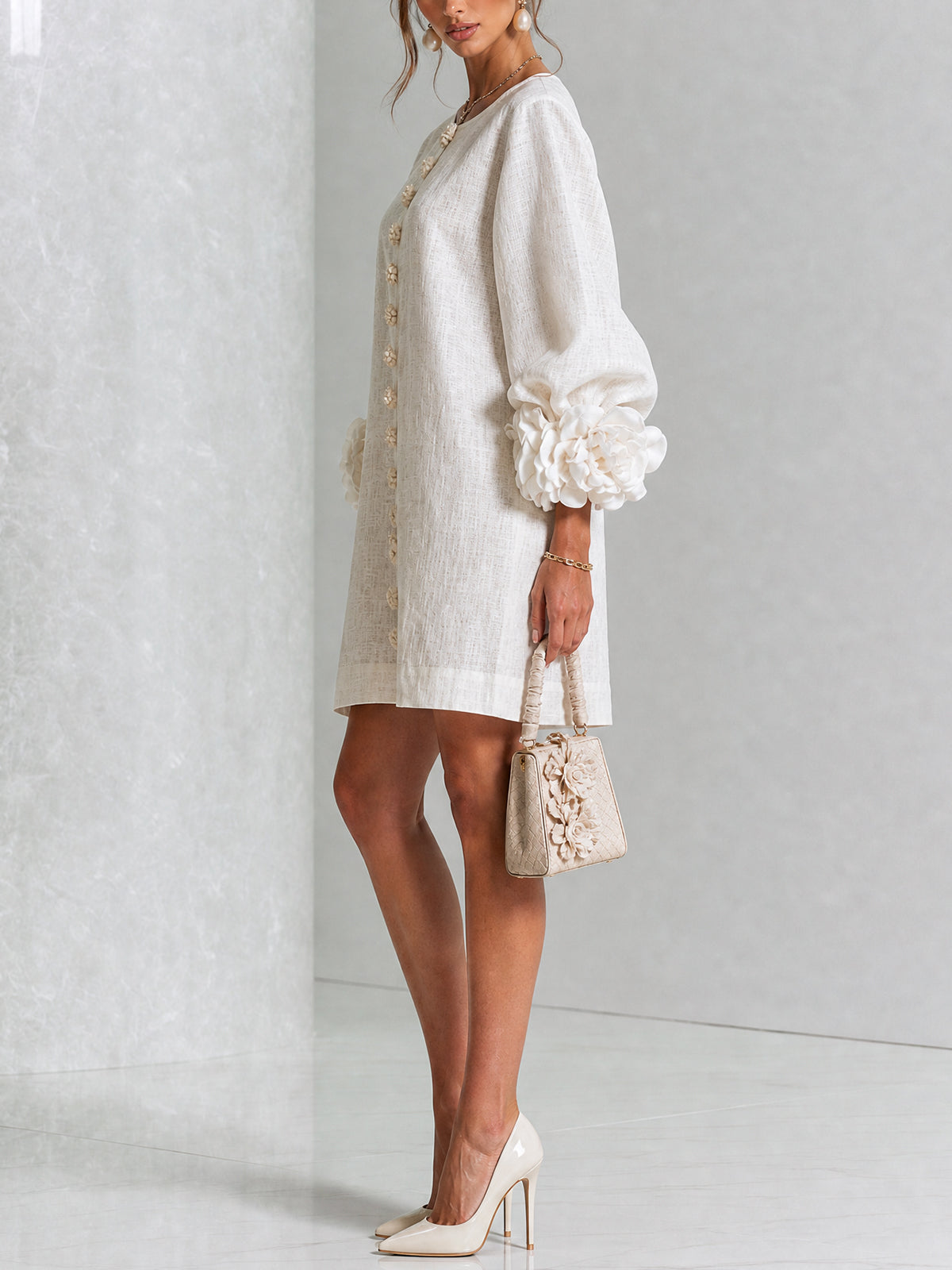 Women's Mini Dress | Round Neckline Puff Sleeve Button Front Linen