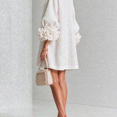 Women's Mini Dress | Round Neckline Puff Sleeve Button Front Linen