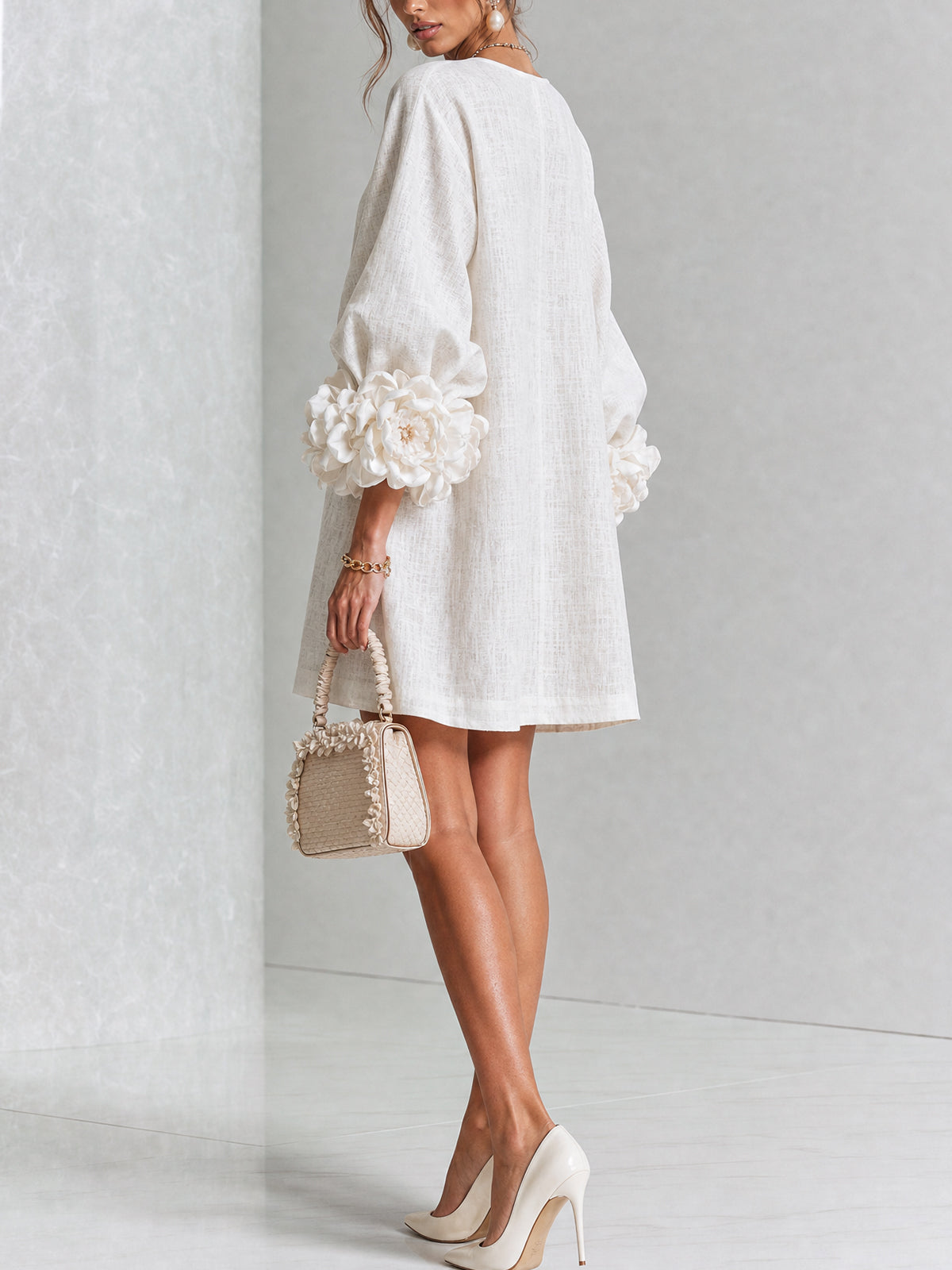 Women's Mini Dress | Round Neckline Puff Sleeve Button Front Linen