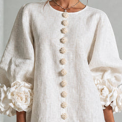 Women's Mini Dress | Round Neckline Puff Sleeve Button Front Linen
