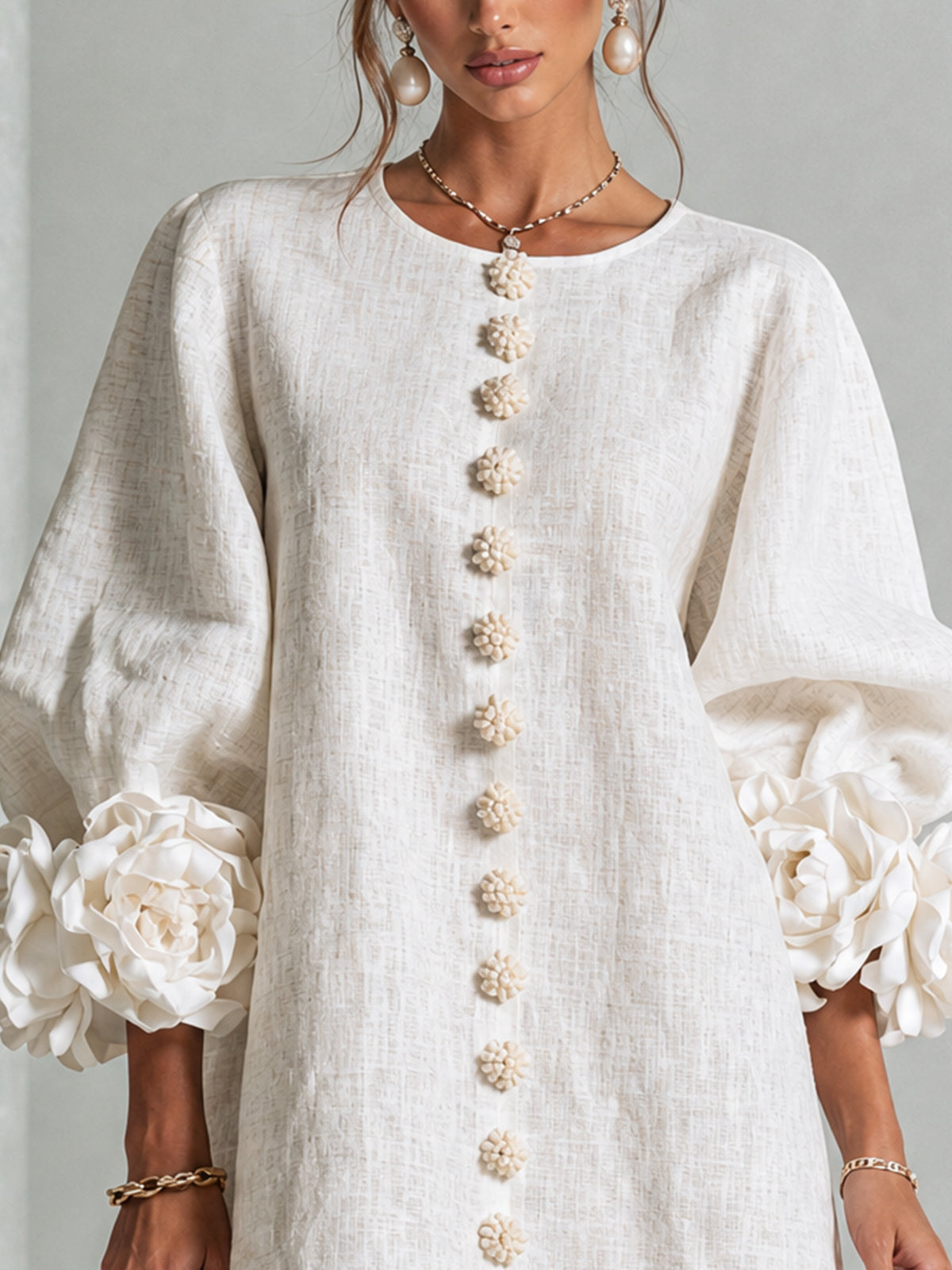Women's Mini Dress | Round Neckline Puff Sleeve Linen