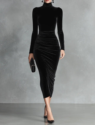 Women's Bodycon Dress | Midi Turtleneck Long Sleeve Velvet