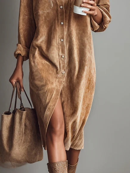 Women's Day Dress | Corduroy Button-Up Collar Midi