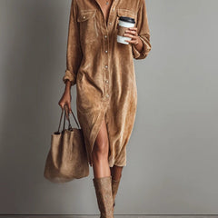 Women's Day Dress | Corduroy Button-Up Collar Midi