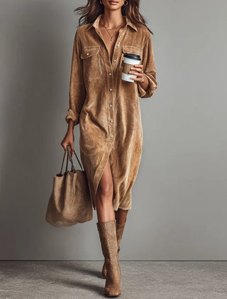 Women's Day Dress | Corduroy Button-Up Collar Midi