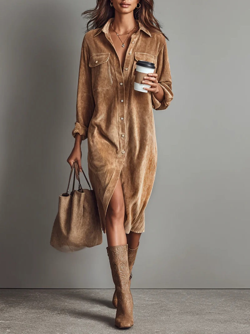 Women's Day Dress | Corduroy Button-Up Collar Midi