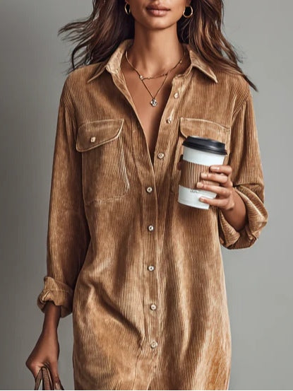 Women's Day Dress | Corduroy Button-Up Collar Midi
