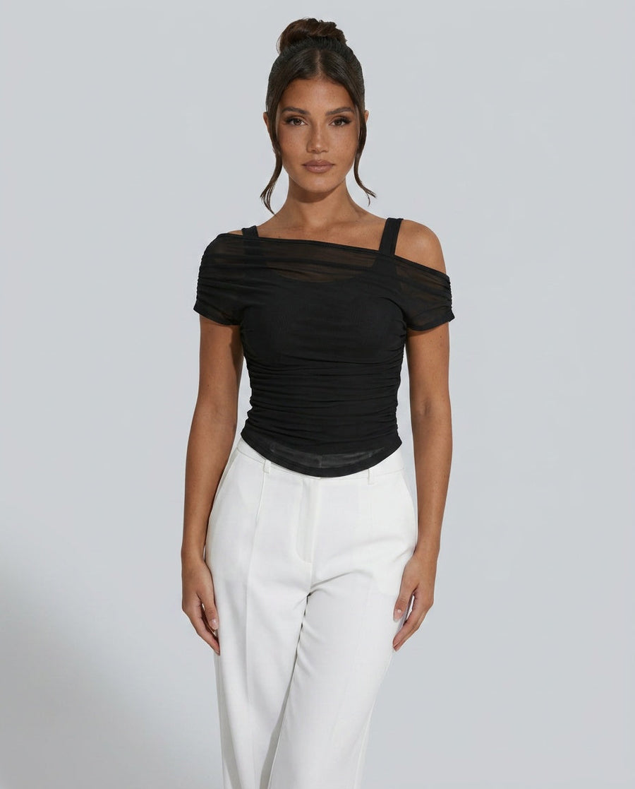 Women's Red Top | Off-Shoulder Ruched Mesh Crop