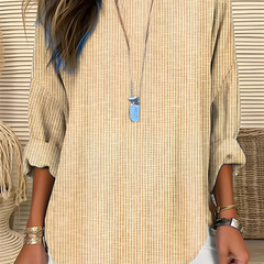 Women's Striped Blouse | Round Neck Roll-Tab Sleeves Curved Hem
